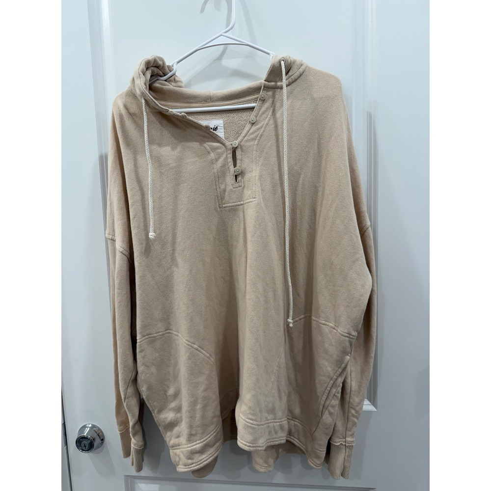 Aerie Henley Hoodie Tan Beige Oversized French Terry Sweatshirt Womens Medium